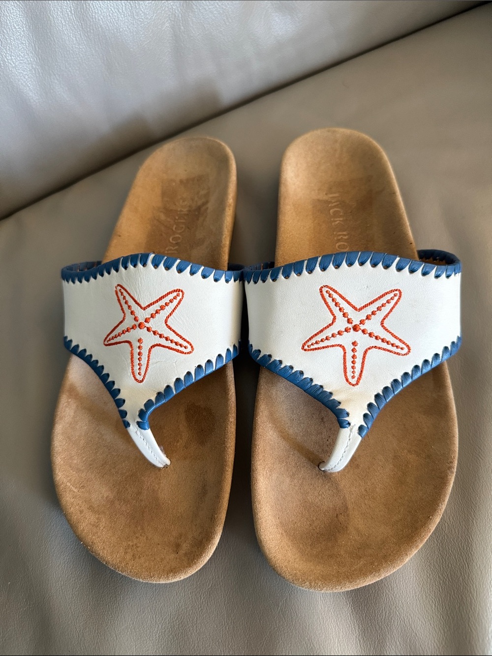 Jack Rogers White Leather Starfish Thong Sandals with Blue Trim sz 7.5